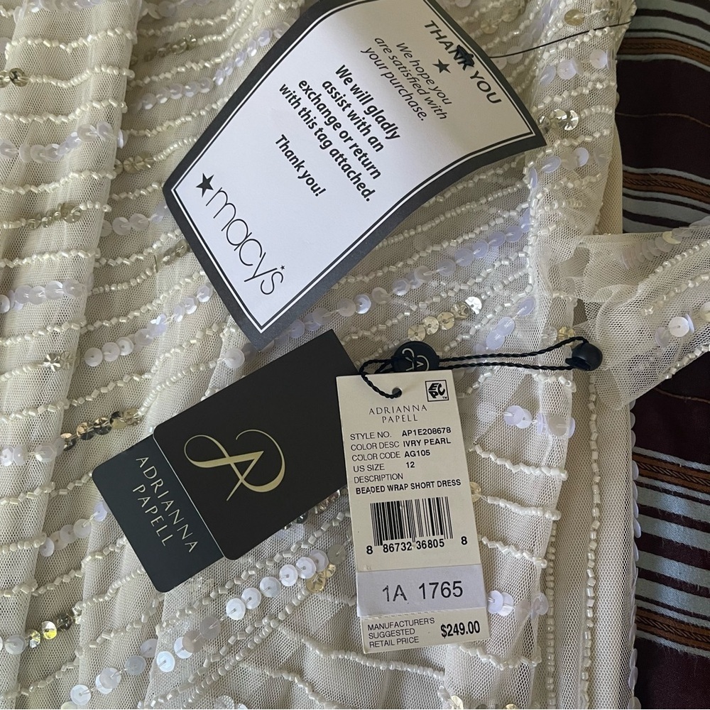 NWT Adrianna Papell White Beaded Sequins Embellished Dress Sheer Sleeves V-Neck - Picture 8 of 16